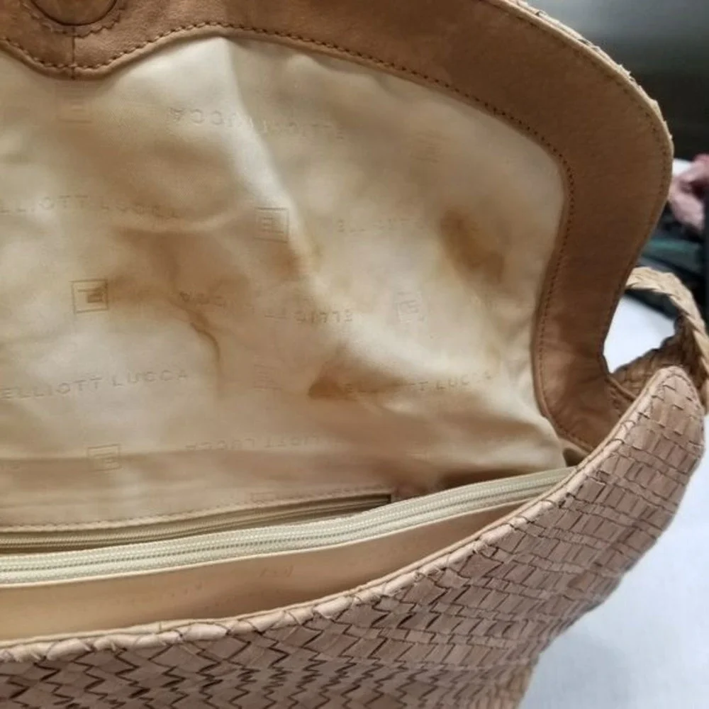 Elliott Lucca Hobo woven‎ Leather Bag Wide shoulder strap gold accents clean